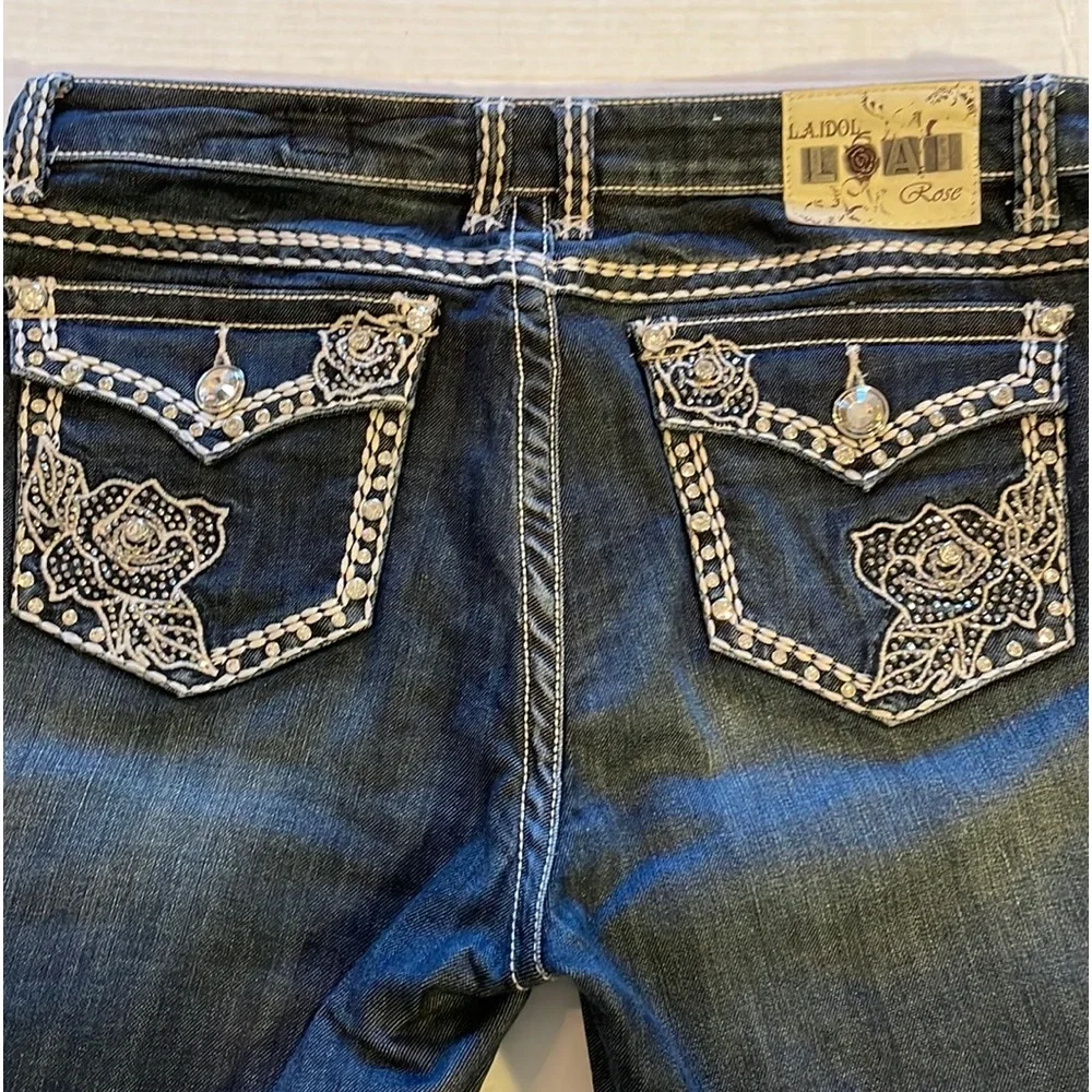 LA IDOL JEANS 15  ROSE Flair LEG JEANS RHINESTONES 5-POCKET ZIPFLY - Picture 3 of 16